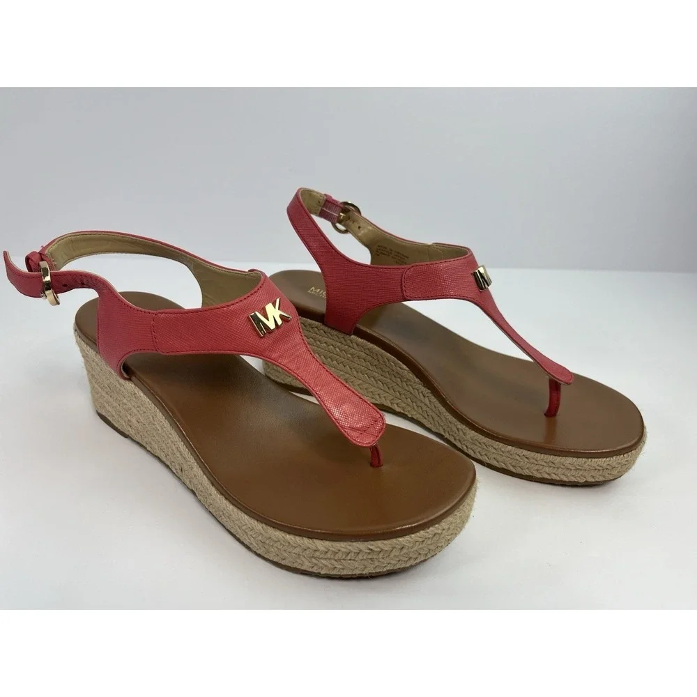 Michael Kors Platform Espadrille Wedge Leather Sandals Pink Size 8 Laney Thong
